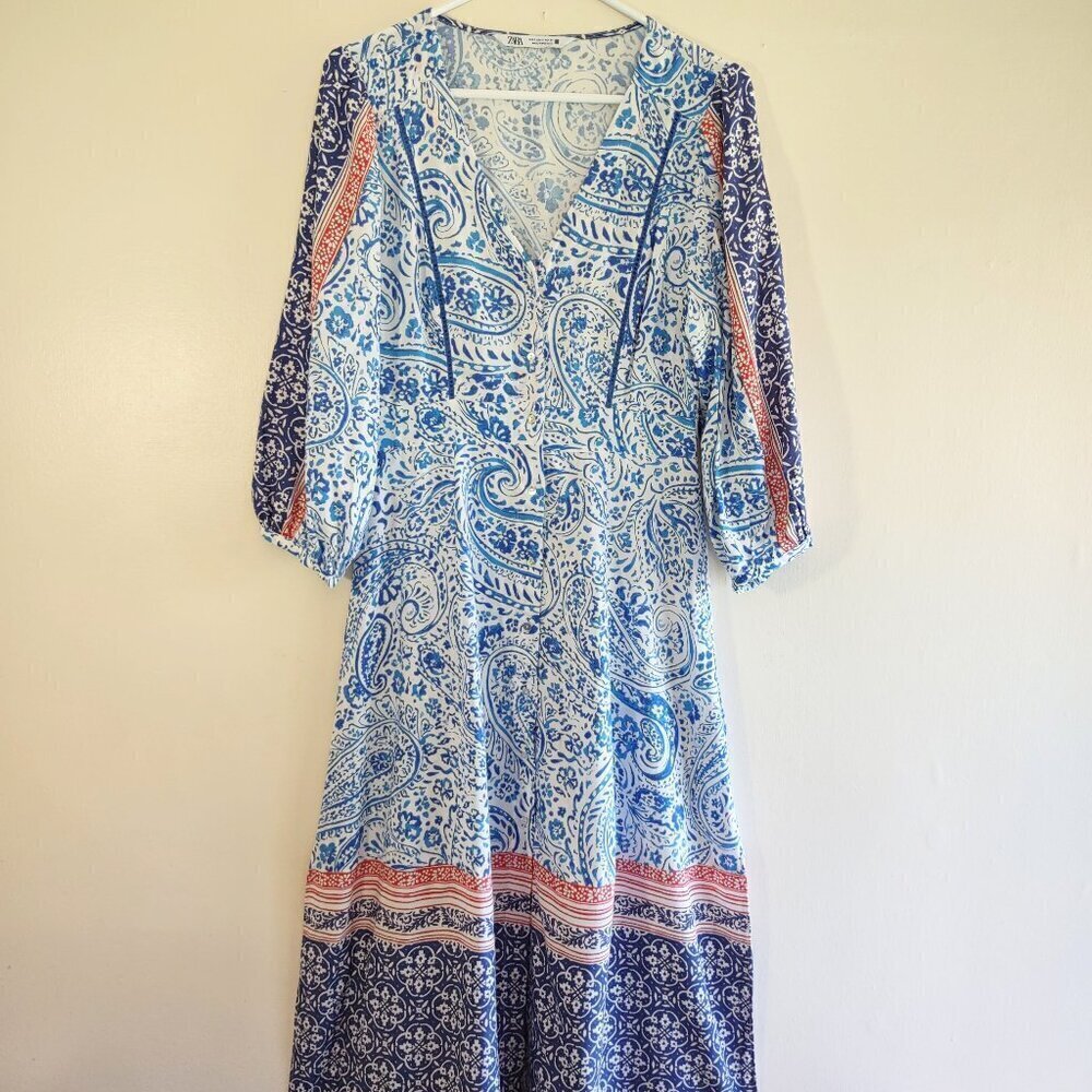 ZARA Paisley Floral Linen Maxi Dress Euro Summer Boho Beach Resort Size Small - Picture 3 of 13